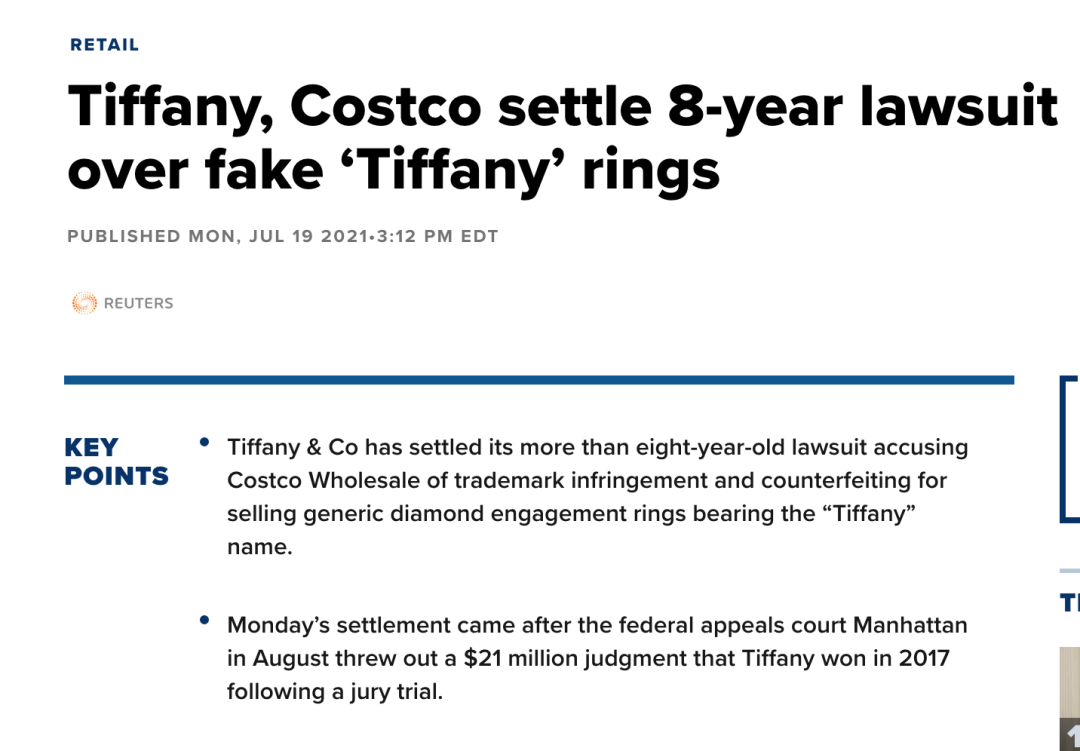 Tiffany, Costco settle 8-year lawsuit over fake 'Tiffany' rings